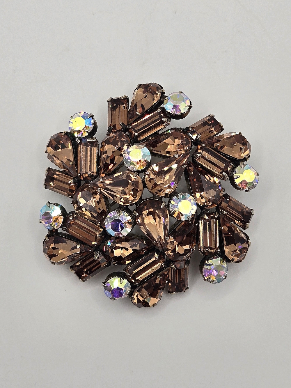Vintage Regency Signed Smoky Topaz & Aurora Borealis Rhinestone Brooch